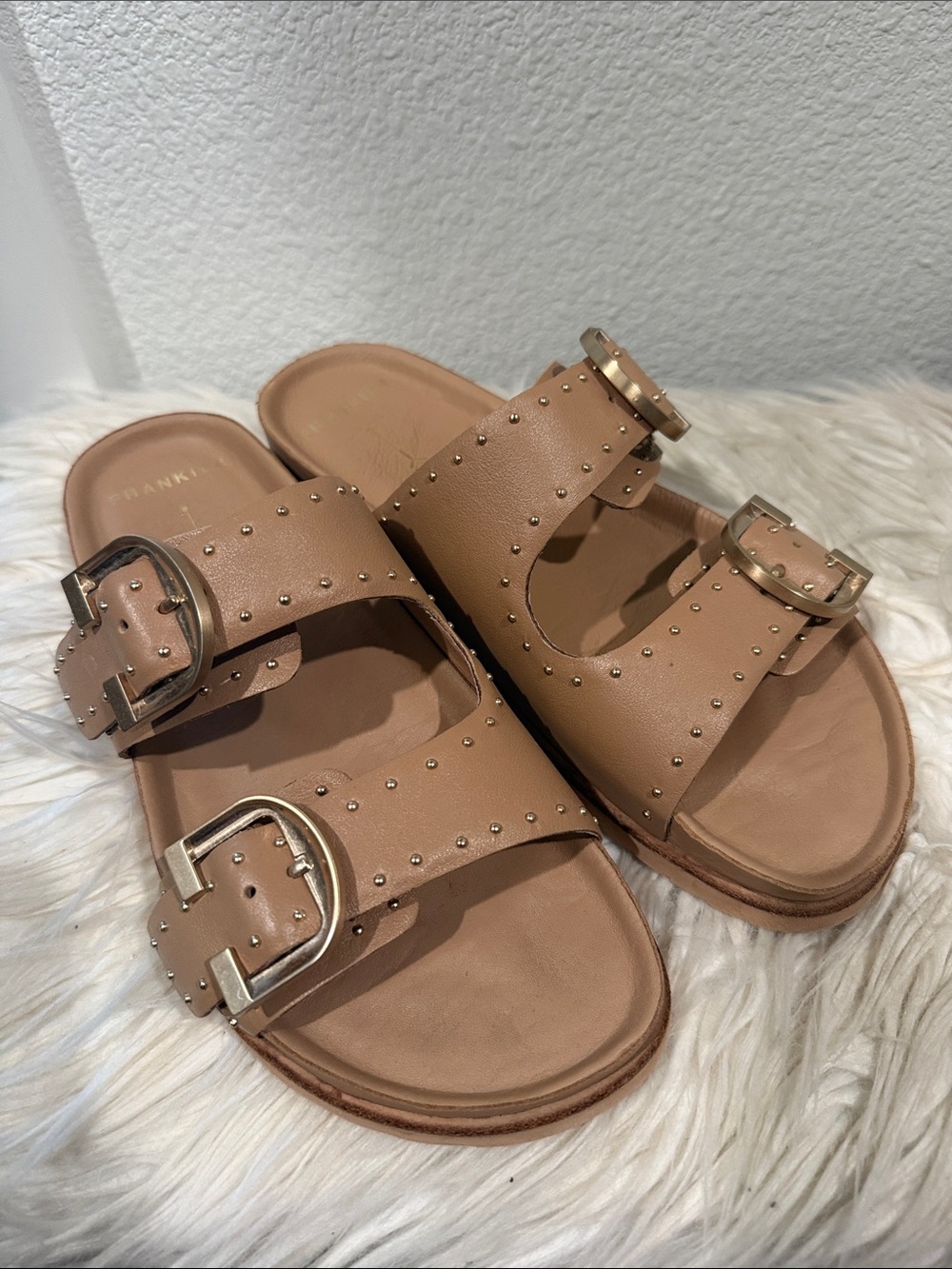 Frankie4 Studded Tan Double-Buckle Slide Sandals